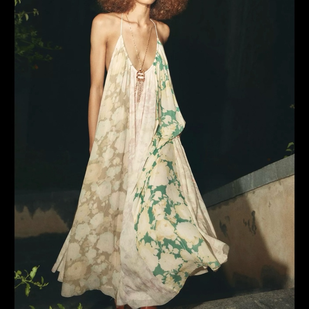 NWT Zara Floral Maxi Dress with Green Accents